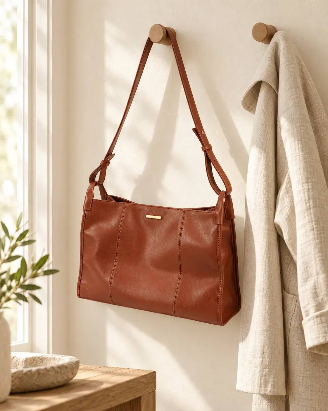 Mara cognac shoulder bag hanging beside a light coat