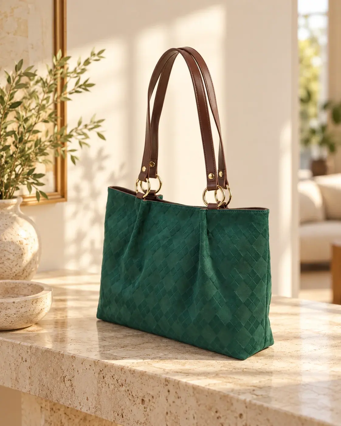 Vera forest green tote in a sunlit apartment