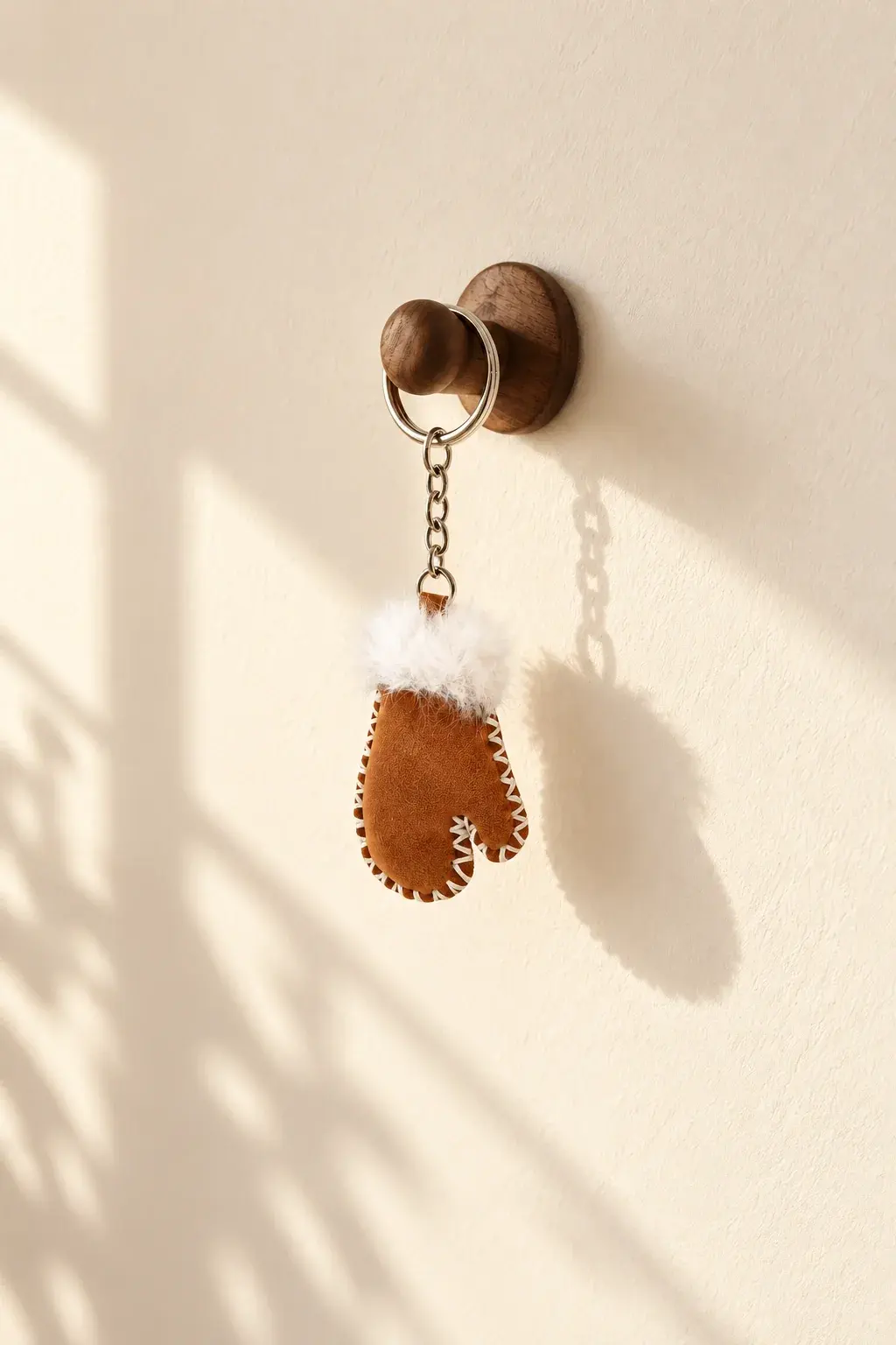 Milo mitten bag charm hanging from a wooden hook