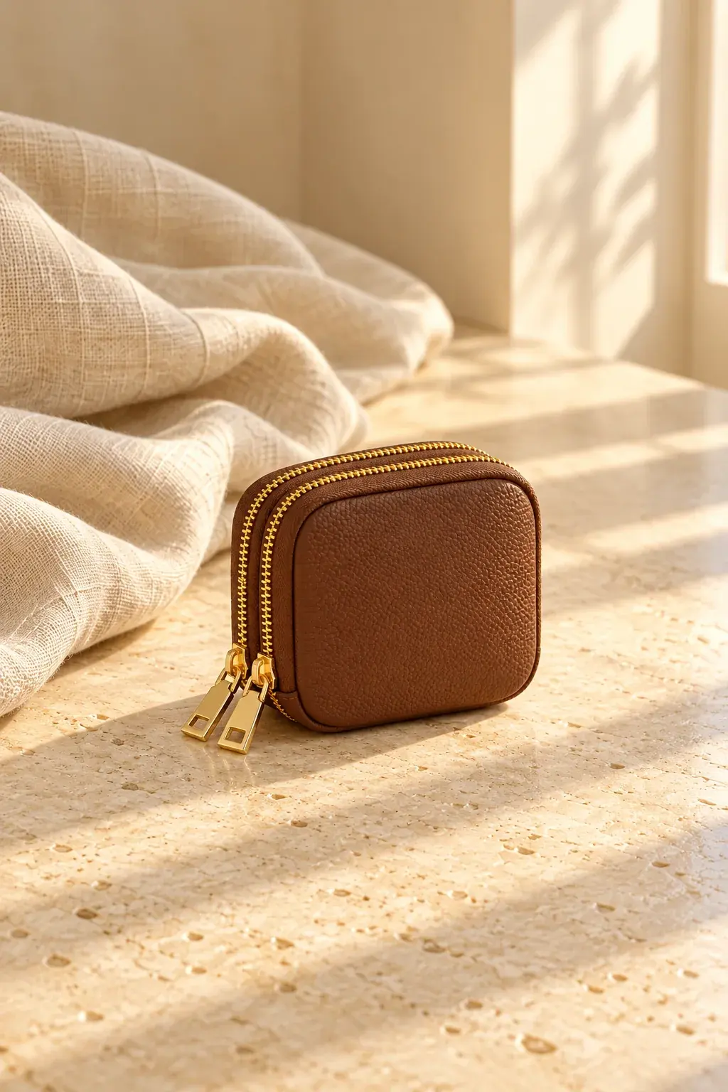 Nia cocoa double-zip jewelry case on a sunlit stone surface