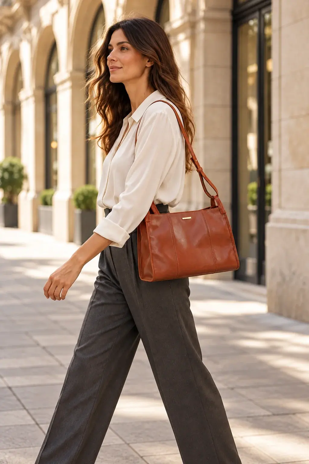 Mara cognac shoulder bag carried on a sunlit city walk