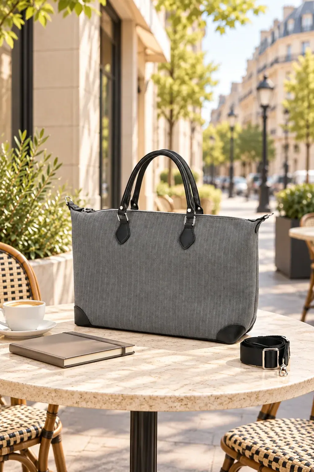 Ellis gray zip tote on an outdoor café table