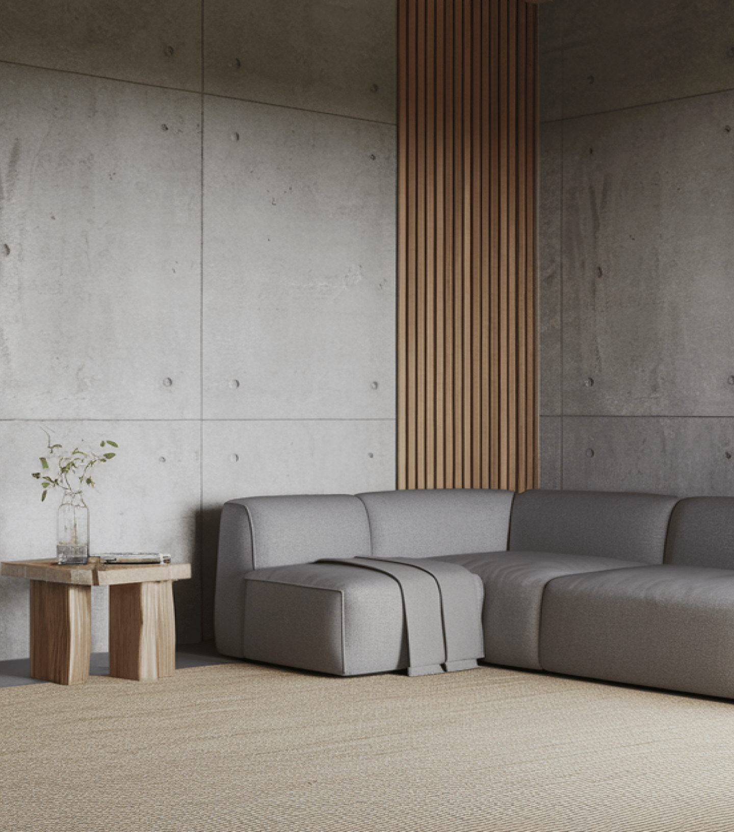 Living room with dark gray corner sofa and coffee table