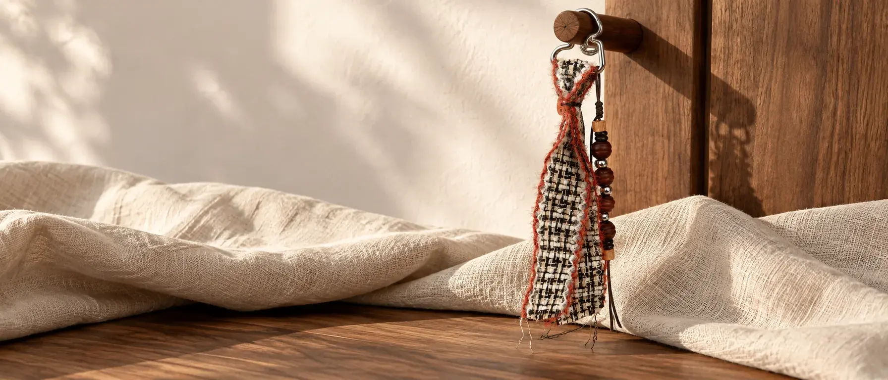 Rue ribbon and bead bag charm on a warm neutral surface