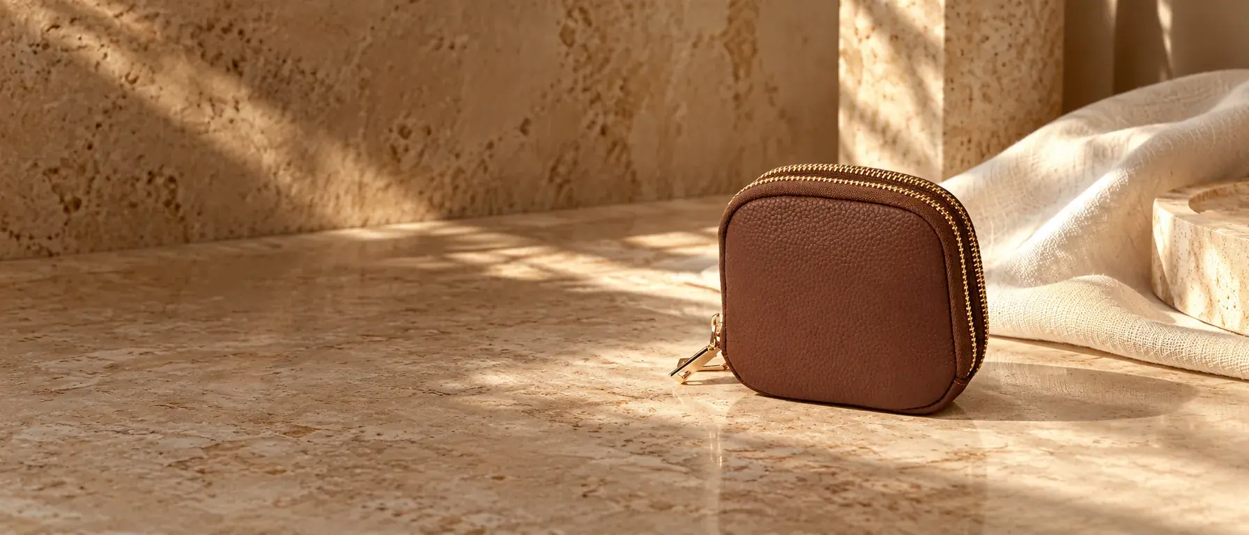 Nia cocoa double-zip jewelry case on sunlit stone