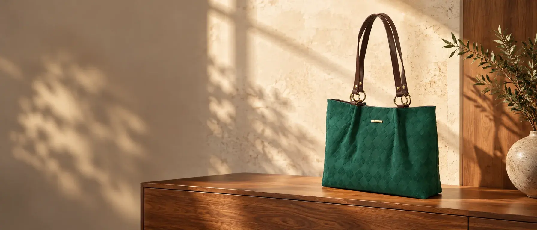 Vera forest green tote bag in a warm sunlit setting
