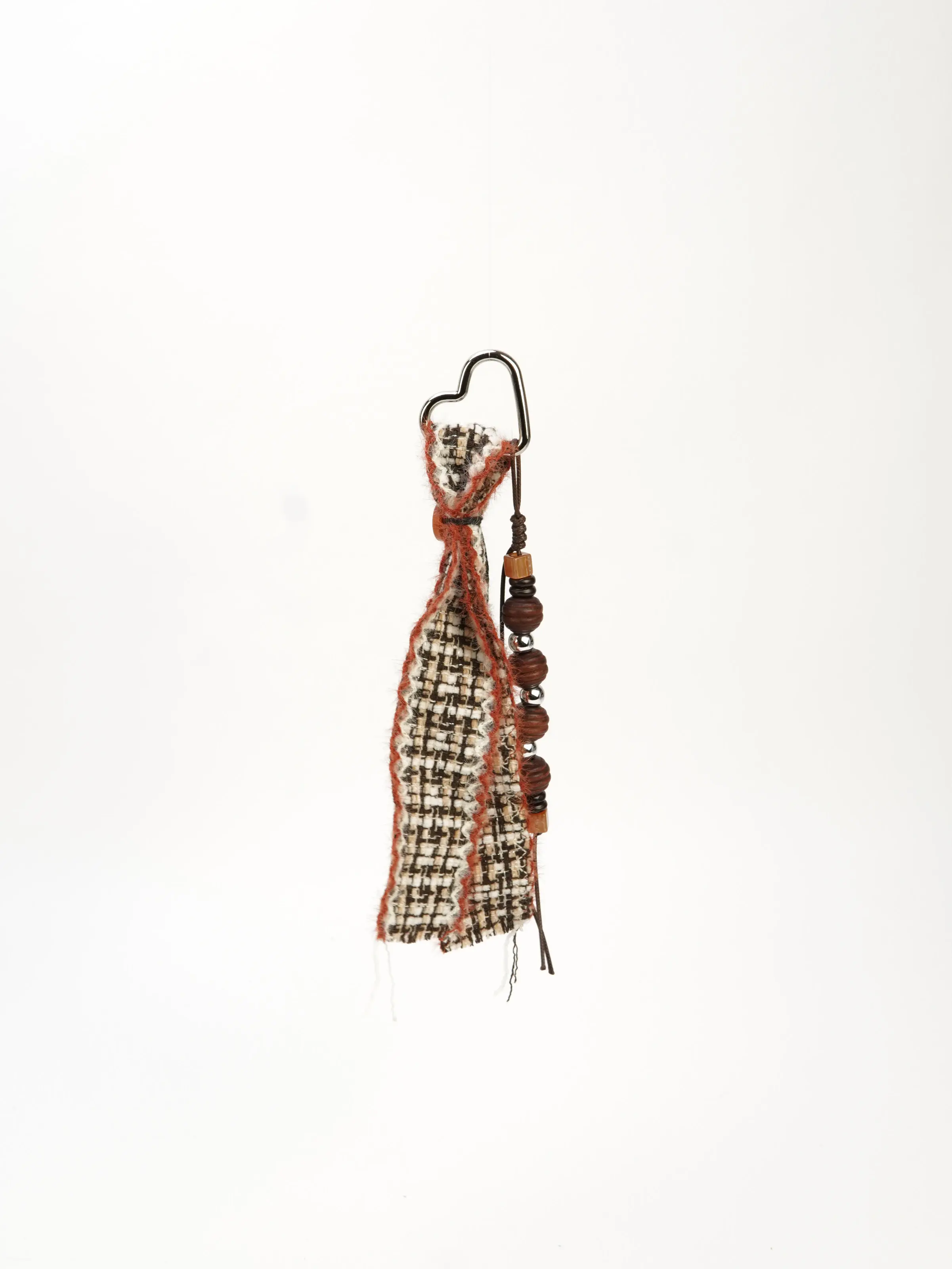 Rue Ribbon and Bead Bag Charm showing the full ribbon, beads and heart-shaped clasp