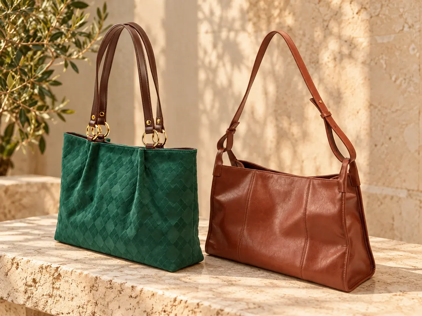 Cuvessa Kivra green tote and cognac shoulder bag together in warm light