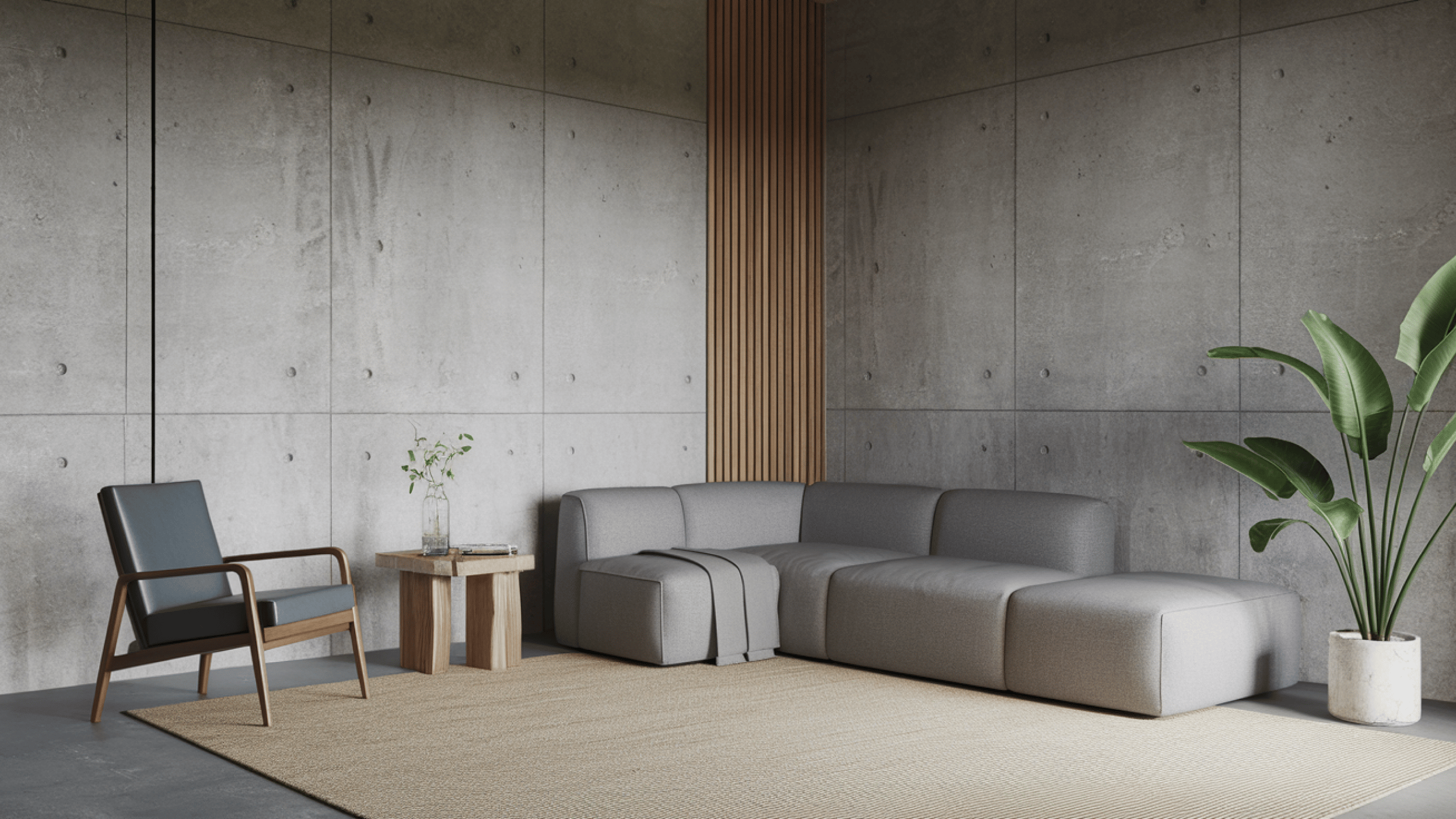 Living room with black armchair and dark gray sofa
