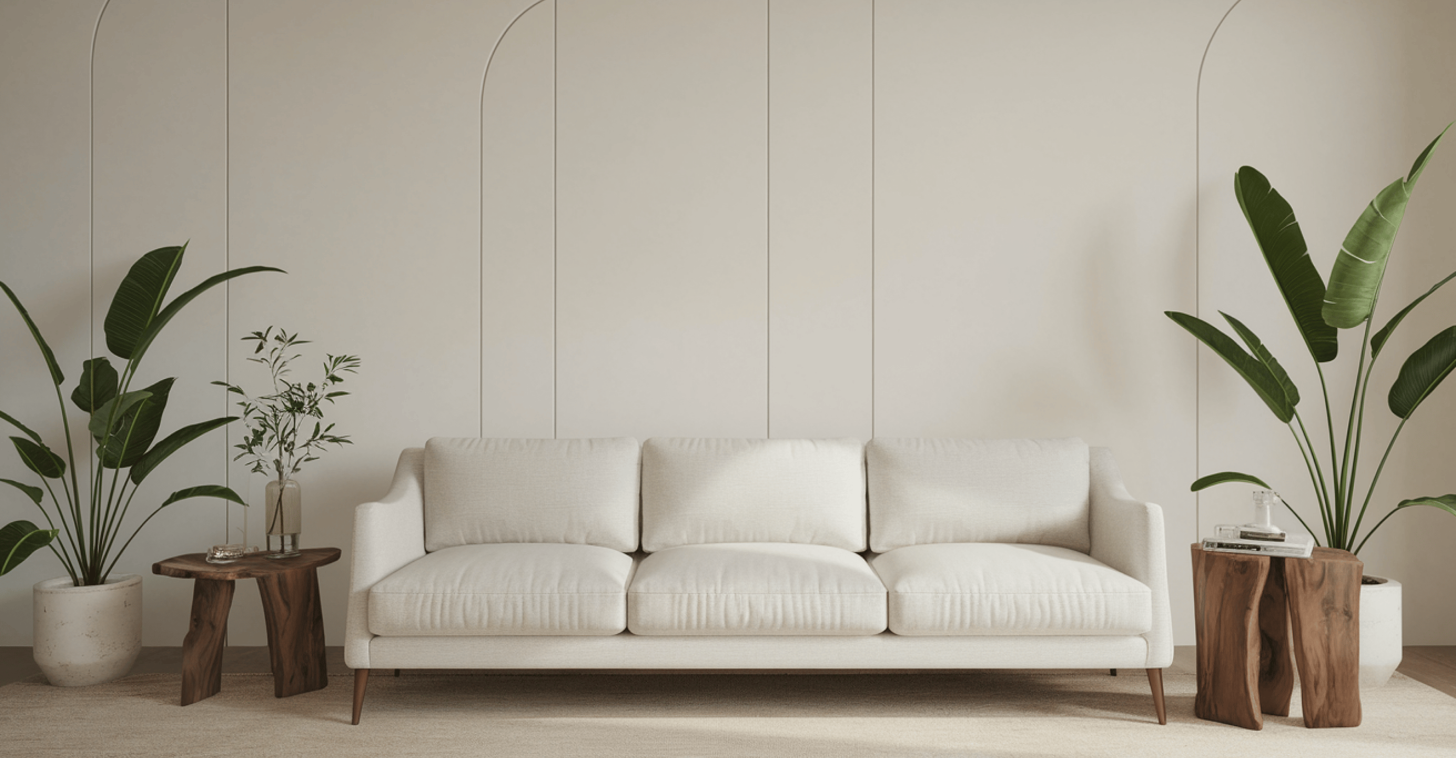 Living room with gray three-seater sofa