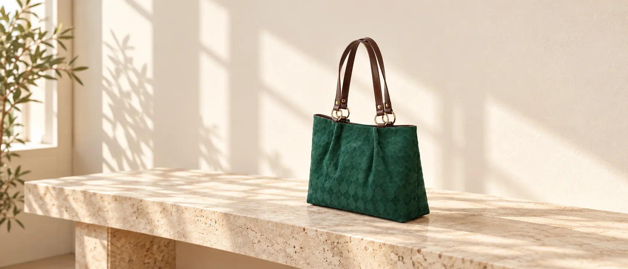 Vera forest green tote on a sunlit limestone console