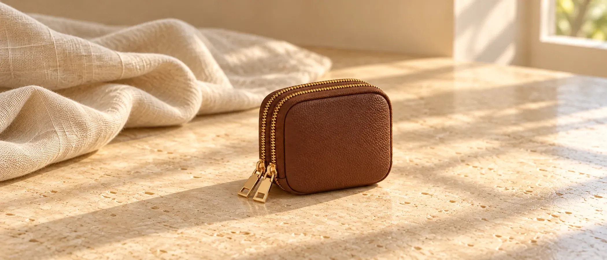 Nia cocoa double-zip jewelry case on a sunlit stone surface