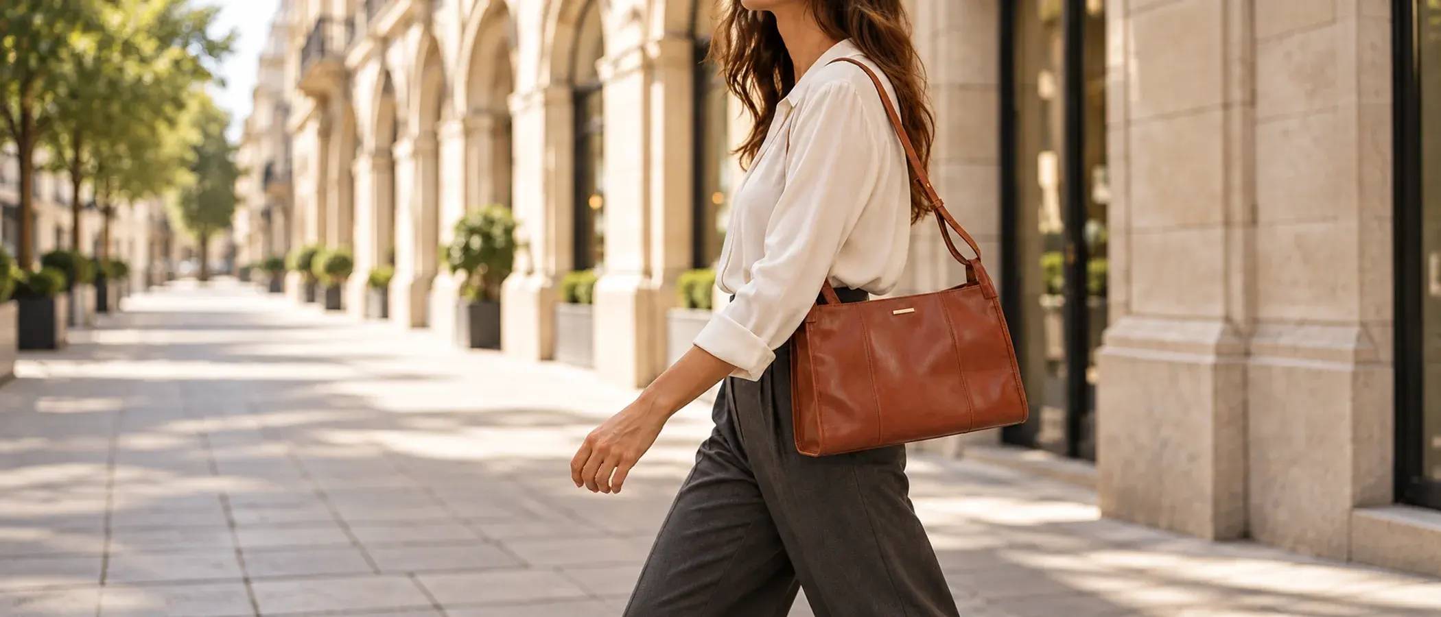 Mara cognac shoulder bag carried on a sunlit city walk