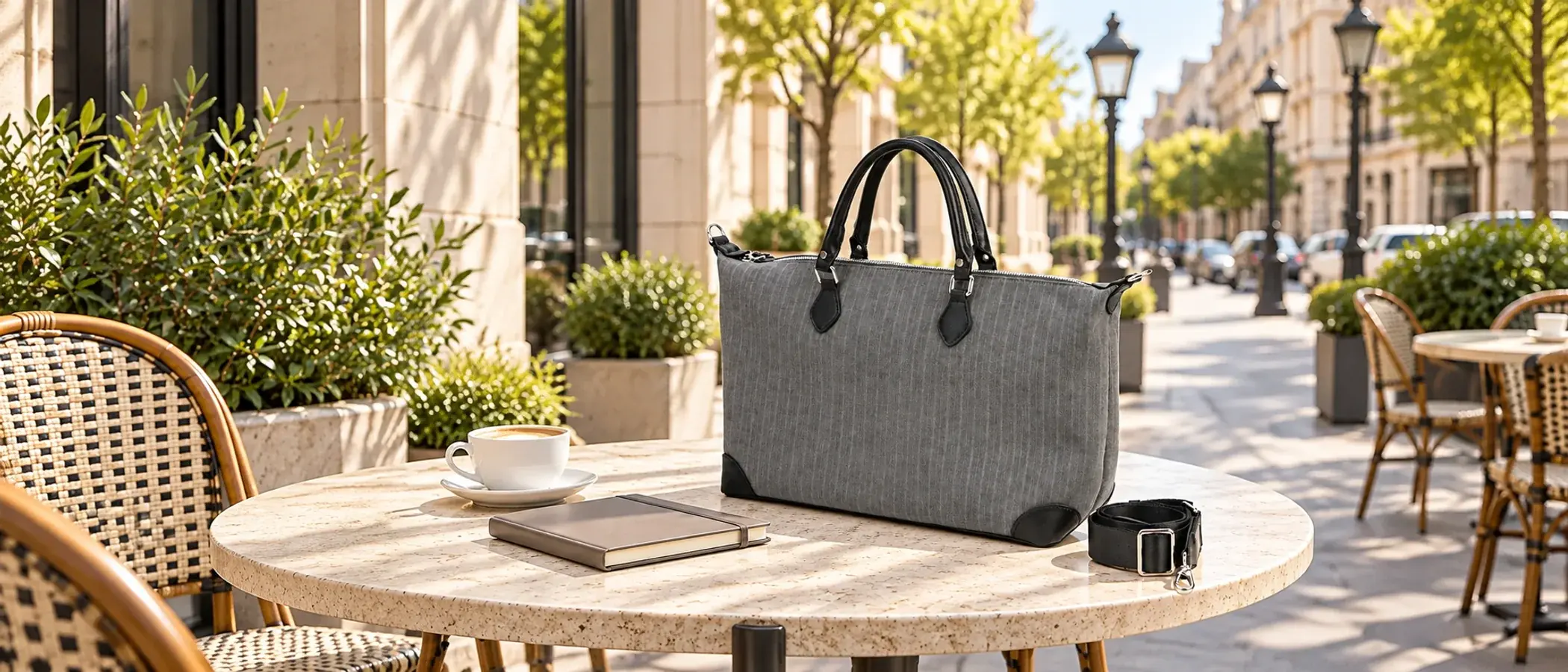 Ellis gray zip tote on an outdoor café table