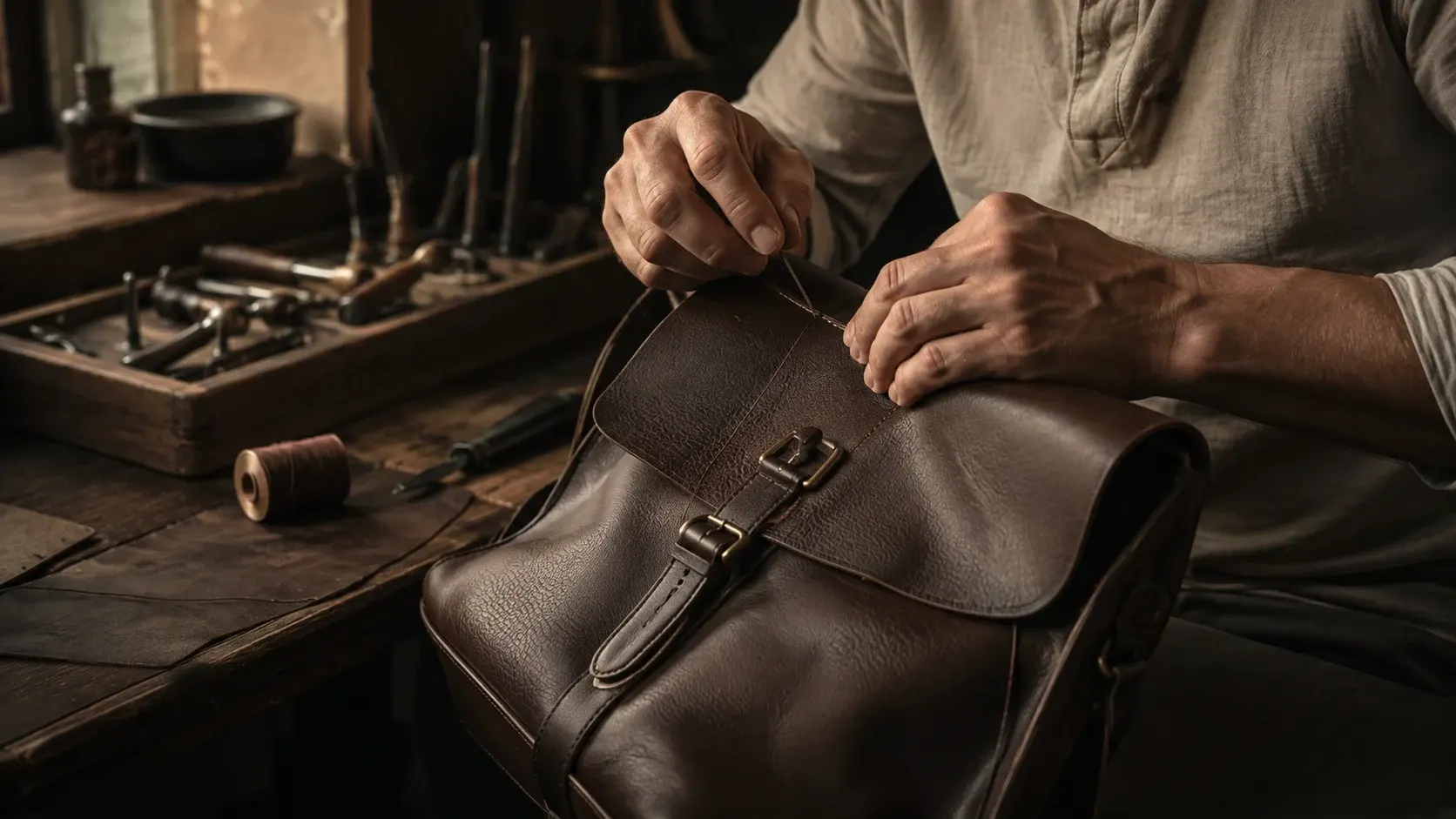 An artisan stitches a leather bag at a wooden workbench